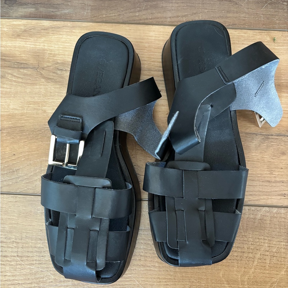 ALOHAS Black Leather Platform Slide Sandals